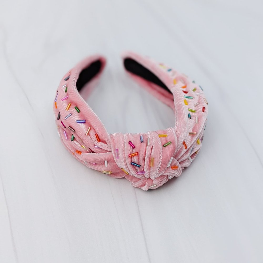 Pink Velvet Knot Headband with Sprinkles Rainbow Confetti Beading - Picture 4 of 11